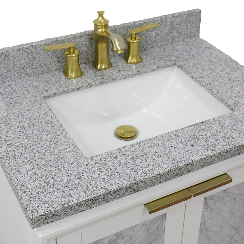 Bellaterra Home 400990-31-WH-GYR Trento 31" vanity, White, gray granite top, countertop and sink close-up