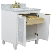 Bellaterra Home 400990-31-WH-WMR Trento 31" vanity, White, White Carrara marble top, angled view with doors open showing the