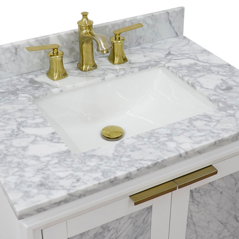 Bellaterra Home 400990-31-WH-WMR Trento 31" vanity, White, White Carrara marble top, countertop and sink close-up