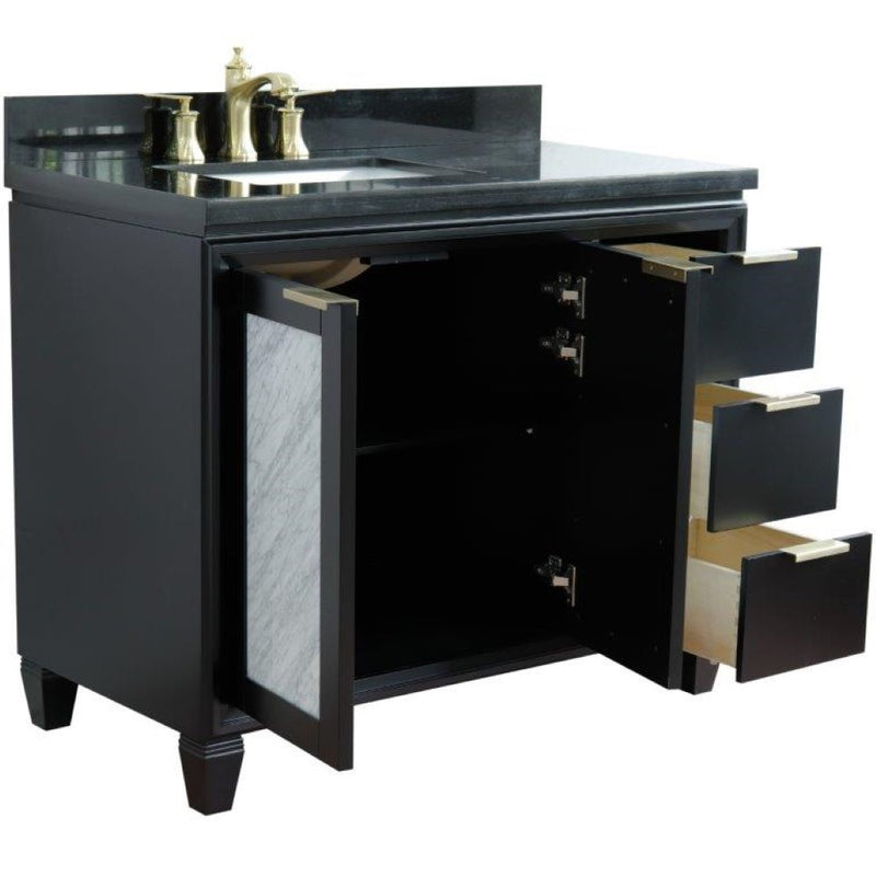 Bellaterra Home 400990-43L-BL-BGRL Trento 43" vanity, Black, Black Galaxy granite top, angled view with doors open showing