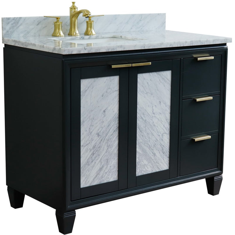 Bellaterra Home 400990-43L-DG-WMRL Trento 43" vanity, Dark Gray, White Carrara marble top, angled view with doors closed