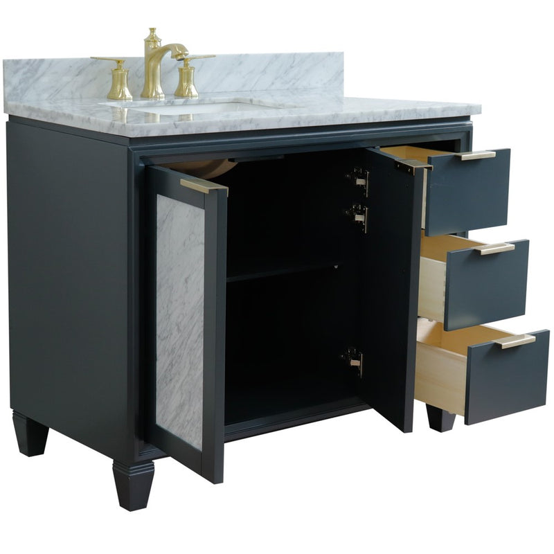 Bellaterra Home 400990-43L-DG-WMRL Trento 43" vanity, Dark Gray, White Carrara marble top, angled view with doors open
