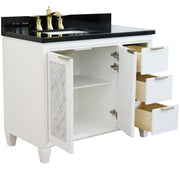 Bellaterra Home 400990-43L-WH-BGRL Trento 43" vanity, White, Black Galaxy granite top, angled view with doors open showing