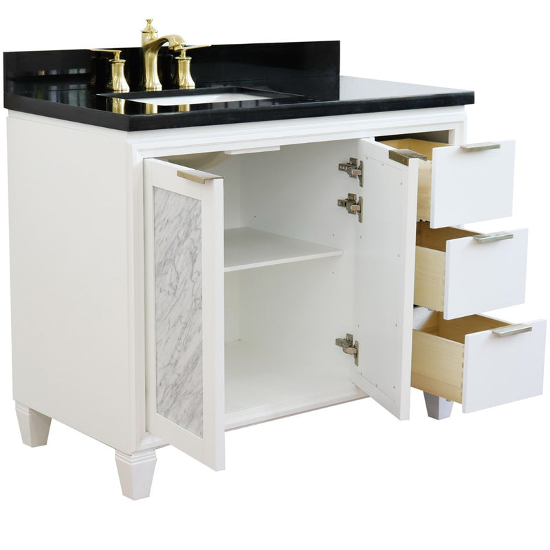 Bellaterra Home 400990-43L-WH-BGRL Trento 43" vanity, White, Black Galaxy granite top, angled view with doors open showing