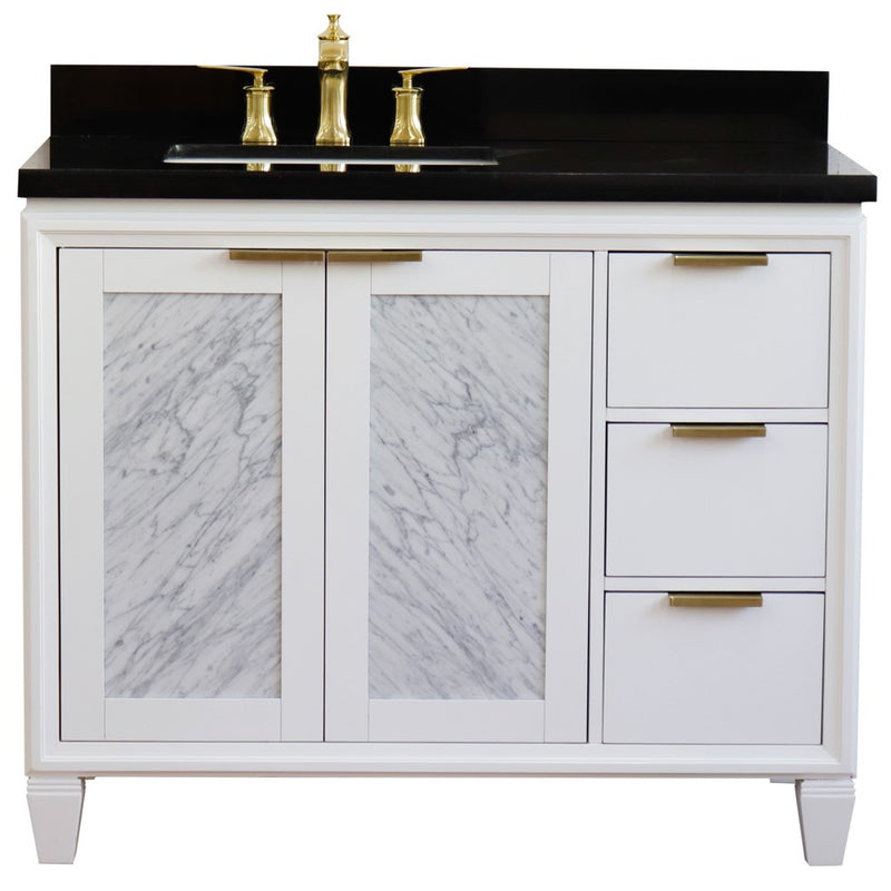 Bellaterra Home 400990-43L-WH-BGRL Trento 43" vanity, White, Black Galaxy granite top, front view on a white background