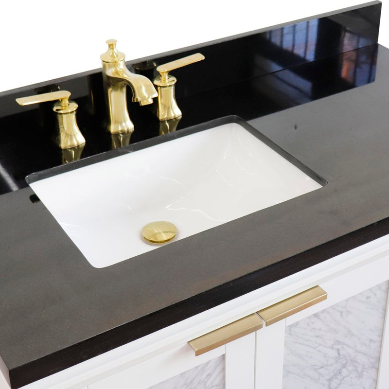 Bellaterra Home 400990-43L-WH-BGRL Trento 43" vanity, White, Black Galaxy granite top, countertop and sink close-up