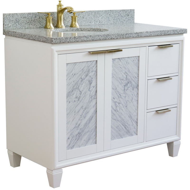 Bellaterra Home 400990-43L-WH-GYOL Trento 43" vanity, White, gray granite top, angled view with doors closed