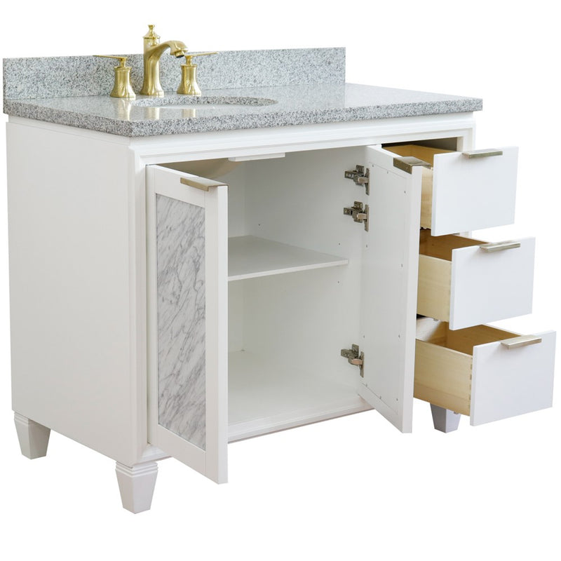 Bellaterra Home 400990-43L-WH-GYOL Trento 43" vanity, White, gray granite top, angled view with doors open showing the shelf