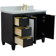 Bellaterra Home 400990-43R-BL-GYOR Trento 43" vanity, Black, gray granite top, angled view with doors open showing the shelf