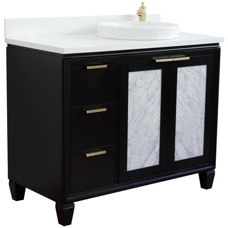 Bellaterra Home 400990-43R-BL-WERDR Trento 43" vanity, Black, white engineered stone top, angled view with doors closed