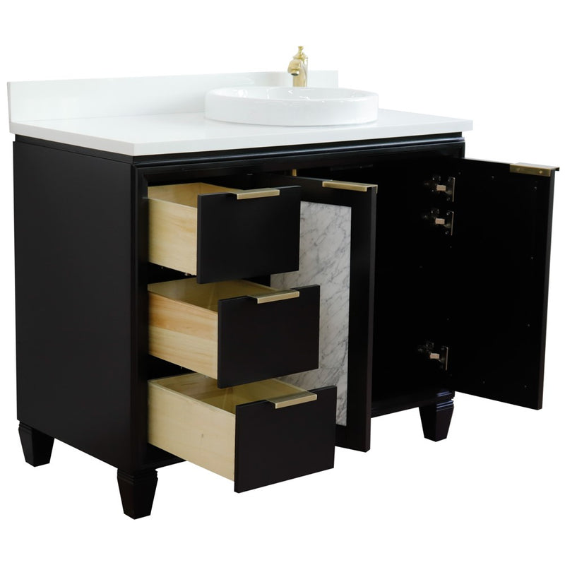 Bellaterra Home 400990-43R-BL-WERDR Trento 43" vanity, Black, white engineered stone top, angled view with doors open