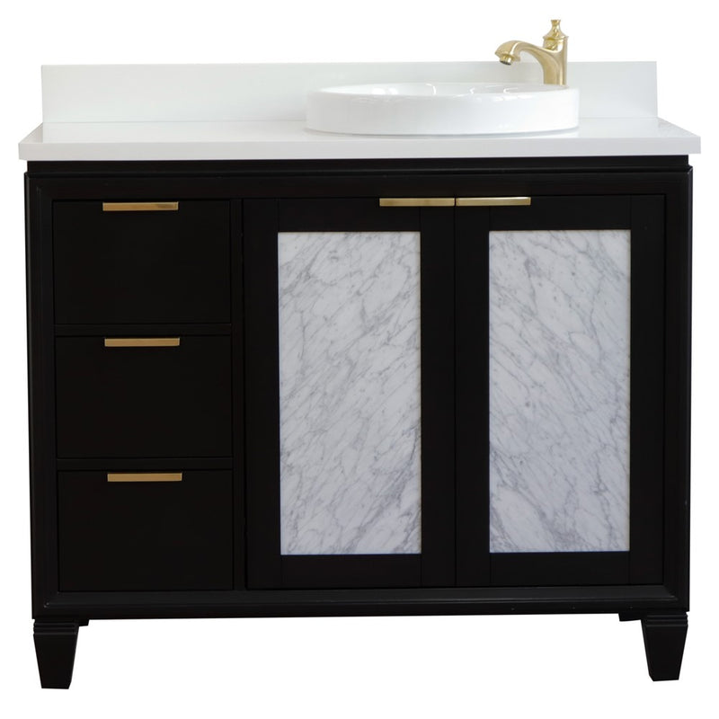 Bellaterra Home 400990-43R-BL-WERDR Trento 43" vanity, Black, white engineered stone top, front view on a white background