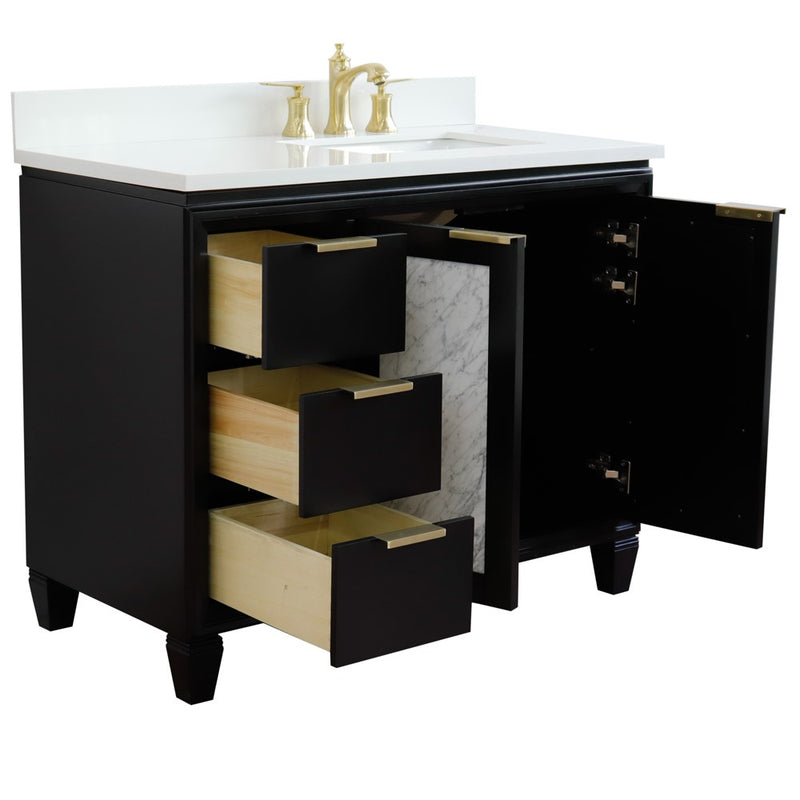 Bellaterra Home 400990-43R-BL-WERR Trento 43" vanity, Black, white engineered stone top, angled view with doors open showing
