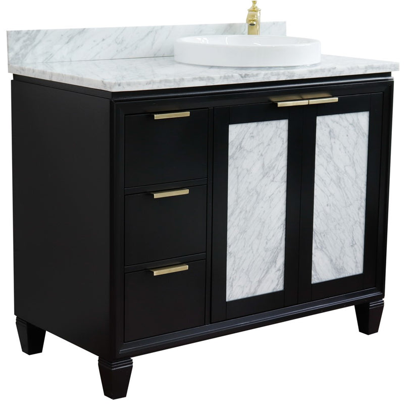 Bellaterra Home 400990-43R-BL-WMRDR Trento 43" vanity, Black, White Carrara marble top, angled view with doors closed