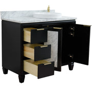 Bellaterra Home 400990-43R-BL-WMRDR Trento 43" vanity, Black, White Carrara marble top, angled view with doors open showing