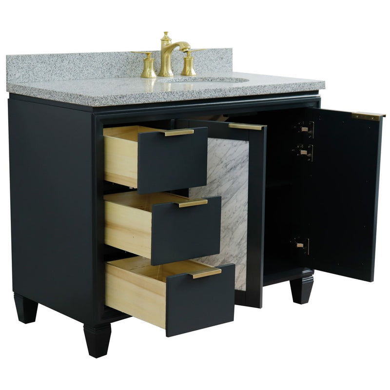 Bellaterra Home 400990-43R-DG-GYOR Trento 43" vanity, Dark Gray, gray granite top, angled view with doors open showing the