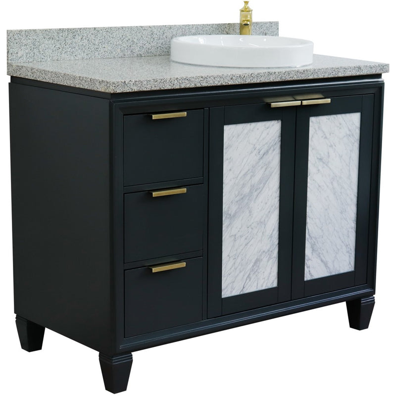 Bellaterra Home 400990-43R-DG-GYRDR Trento 43" vanity, Dark Gray, gray granite top, angled view with doors closed
