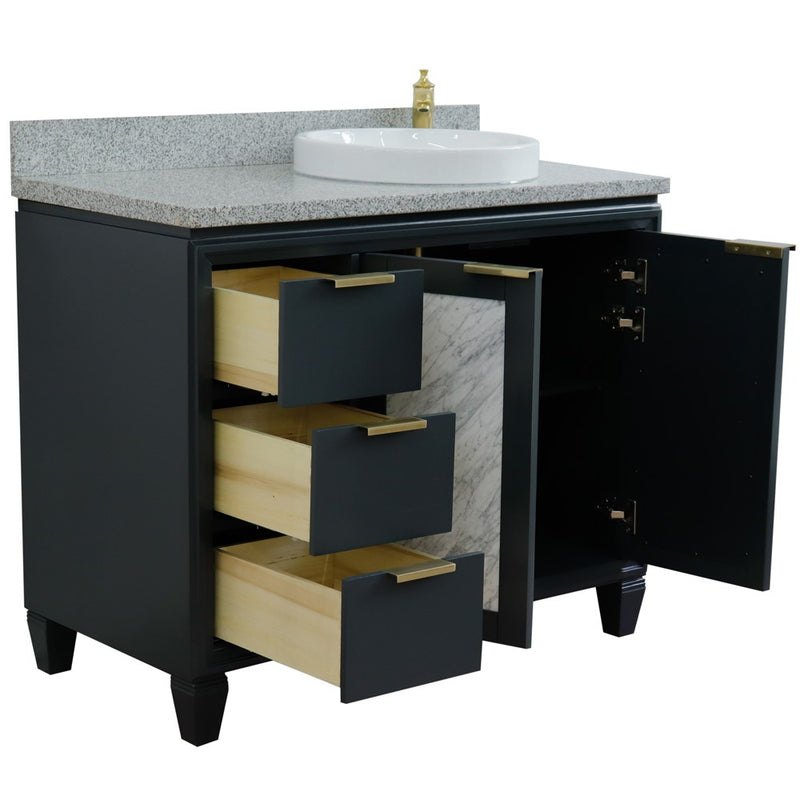 Bellaterra Home 400990-43R-DG-GYRDR Trento 43" vanity, Dark Gray, gray granite top, angled view with doors open showing the