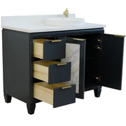 Bellaterra Home 400990-43R-DG-WERDR Trento 43" vanity, Dark Gray, white engineered stone top, angled view with doors open