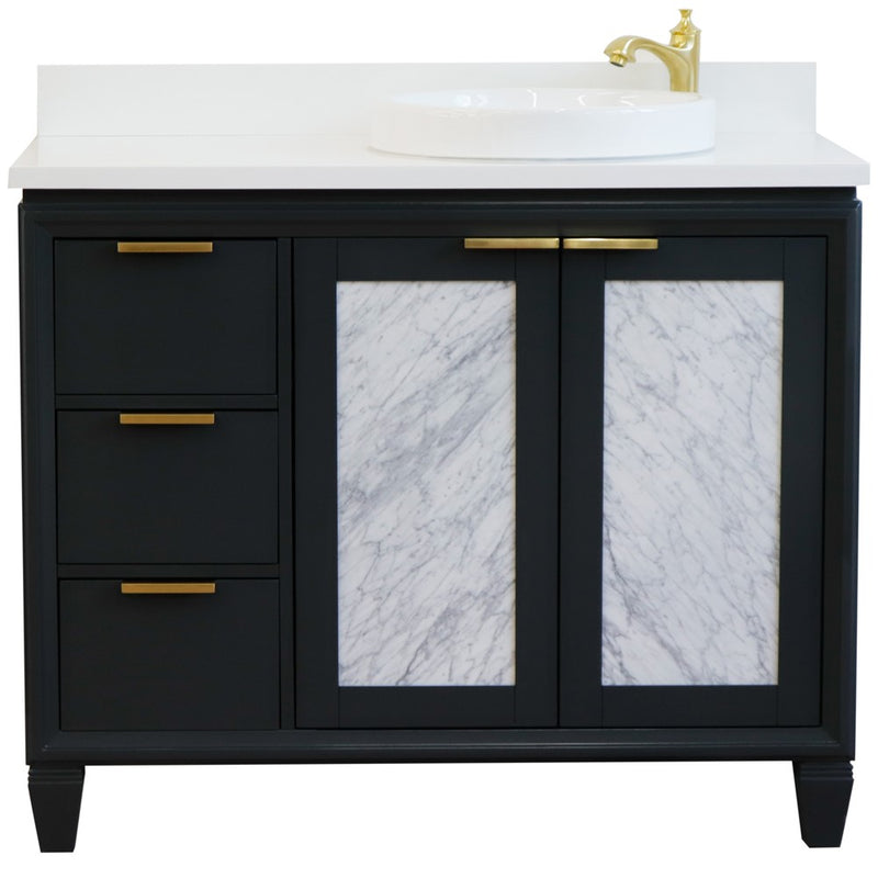 Bellaterra Home 400990-43R-DG-WERDR Trento 43" vanity, Dark Gray, white engineered stone top, front view on a white