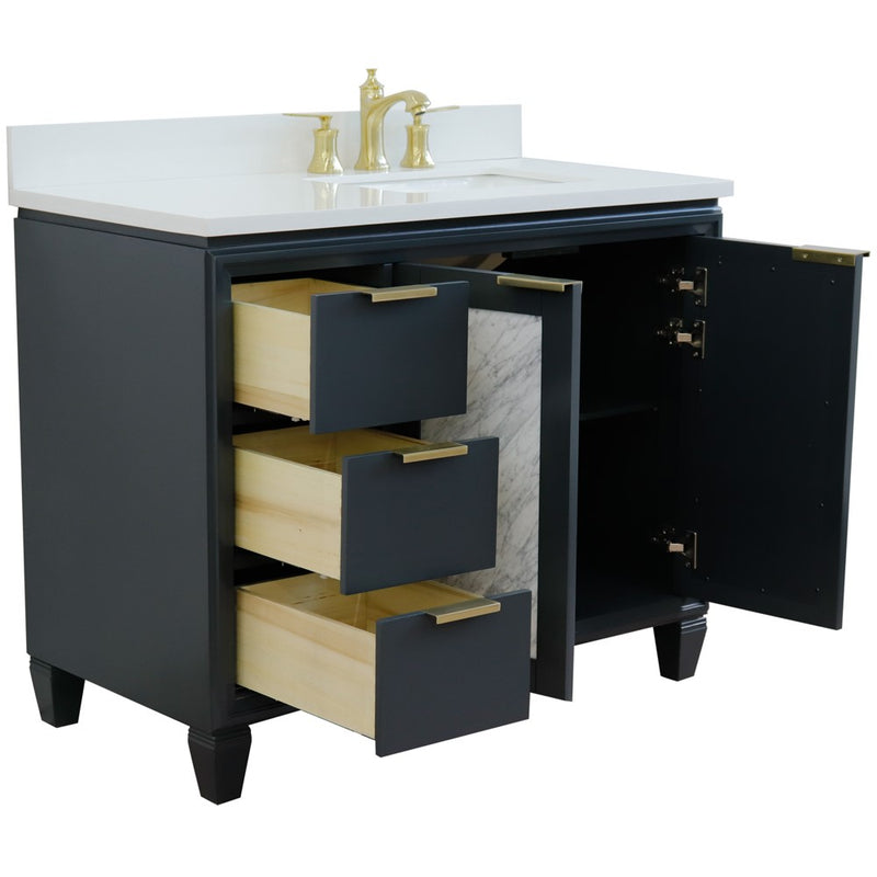 Bellaterra Home 400990-43R-DG-WERR Trento 43" vanity, Dark Gray, white engineered stone top, angled view with doors open