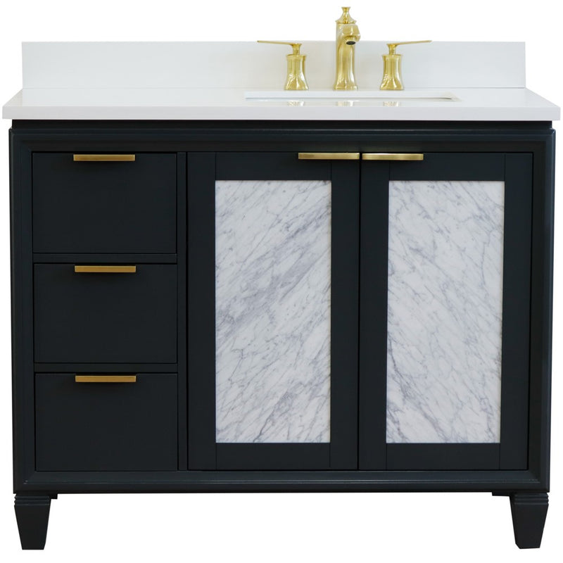 Bellaterra Home 400990-43R-DG-WERR Trento 43" vanity, Dark Gray, white engineered stone top, front view on a white background