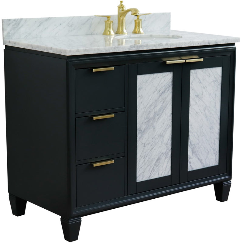 Bellaterra Home 400990-43R-DG-WMOR Trento 43" vanity, Dark Gray, White Carrara marble top, angled view with doors closed