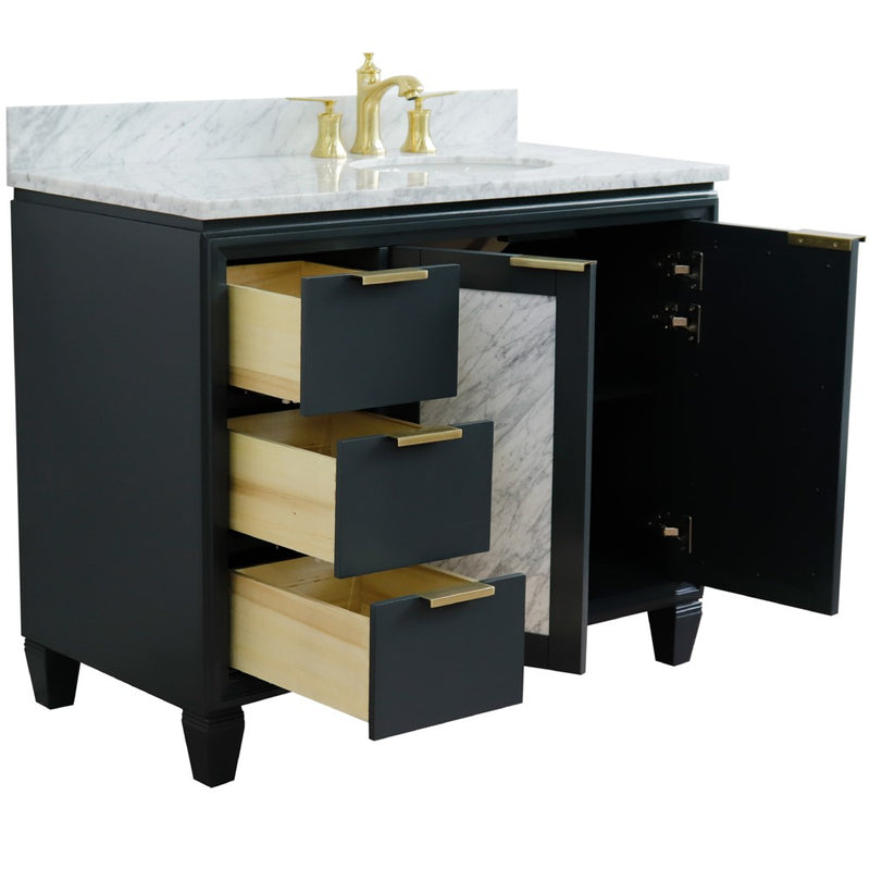 Bellaterra Home 400990-43R-DG-WMOR Trento 43" vanity, Dark Gray, White Carrara marble top, angled view with doors open