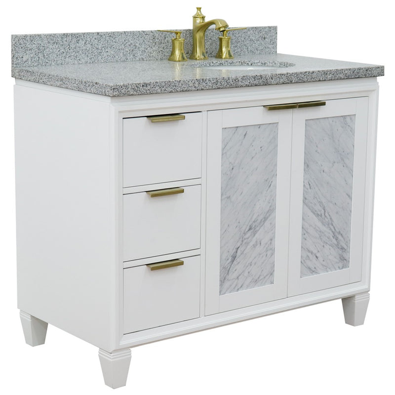 Bellaterra Home 400990-43R-WH-GYOR Trento 43" vanity, White, gray granite top, angled view with doors closed