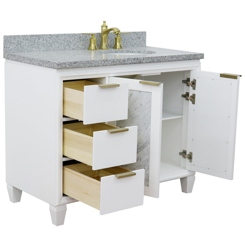 Bellaterra Home 400990-43R-WH-GYOR Trento 43" vanity, White, gray granite top, angled view with doors open showing the shelf