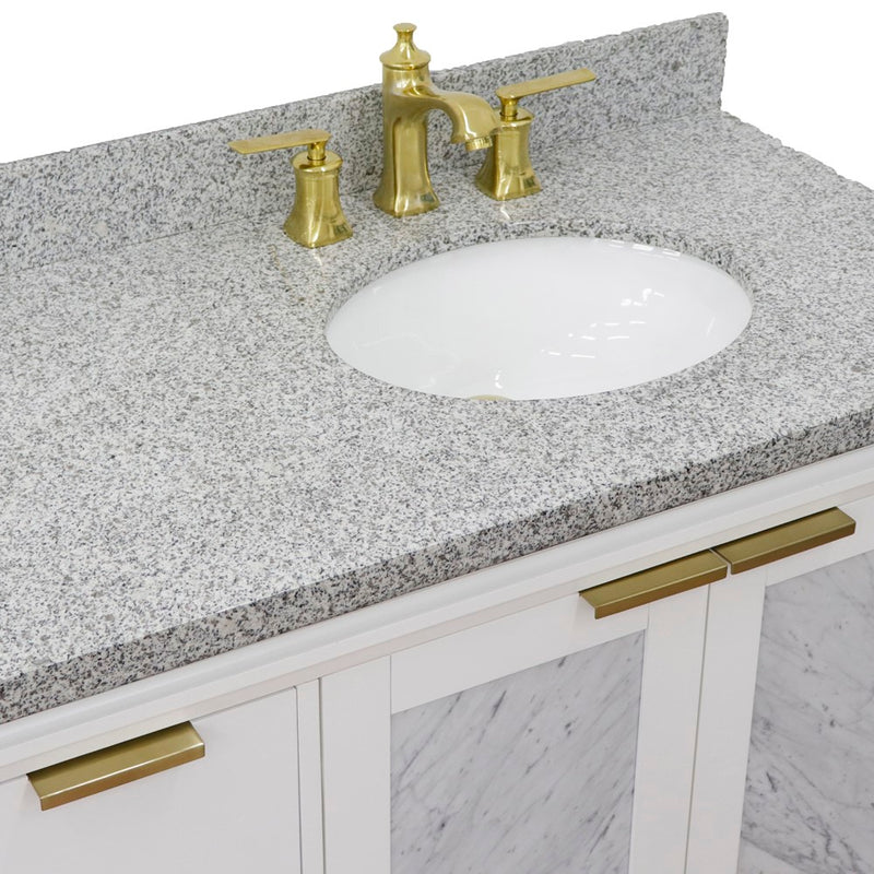 Bellaterra Home 400990-43R-WH-GYOR Trento 43" vanity, White, gray granite top, countertop and sink close-up