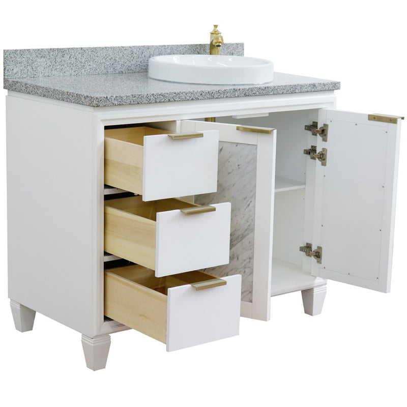 Bellaterra Home 400990-43R-WH-GYRDR Trento 43" vanity, White, gray granite top, angled view with doors open showing the shelf