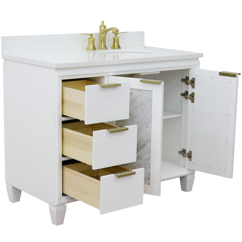 Bellaterra Home 400990-43R-WH-WEOR Trento 43" vanity, White, white engineered stone top, angled view with doors open showing