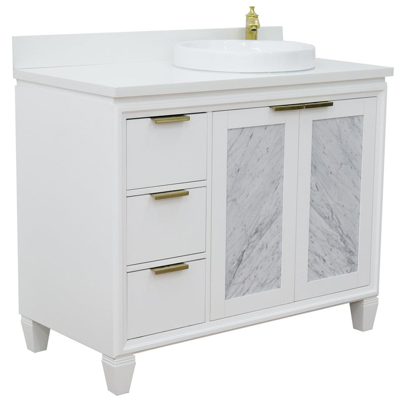 Bellaterra Home 400990-43R-WH-WERDR Trento 43" vanity, White, white engineered stone top, angled view with doors closed