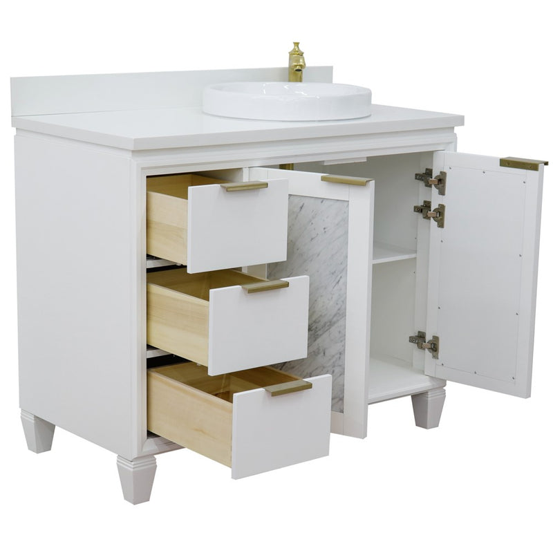 Bellaterra Home 400990-43R-WH-WERDR Trento 43" vanity, White, white engineered stone top, angled view with doors open