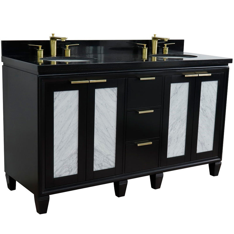 Bellaterra Home 400990-61D-BL-BGO Trento 61" vanity, Black, Black Galaxy granite top, angled view with doors closed