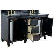 Bellaterra Home 400990-61D-BL-BGO Trento 61" vanity, Black, Black Galaxy granite top, angled view with doors open showing