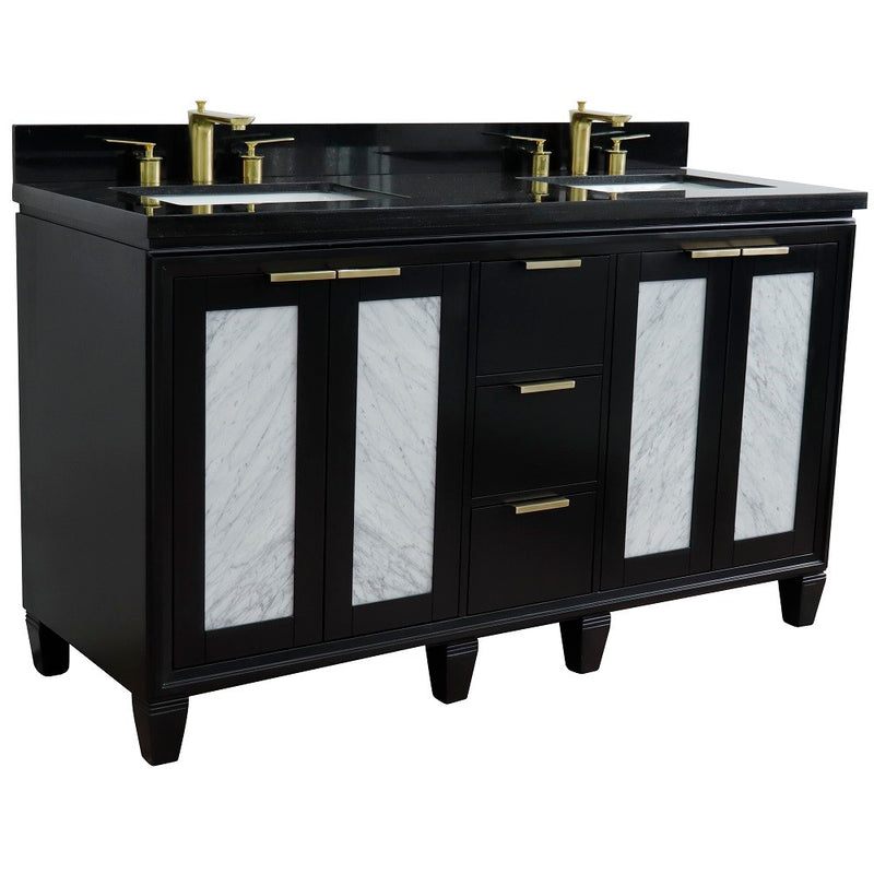 Bellaterra Home 400990-61D-BL-BGR Trento 61" vanity, Black, Black Galaxy granite top, angled view with doors closed