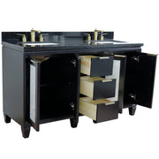 Bellaterra Home 400990-61D-BL-BGR Trento 61" vanity, Black, Black Galaxy granite top, angled view with doors open showing