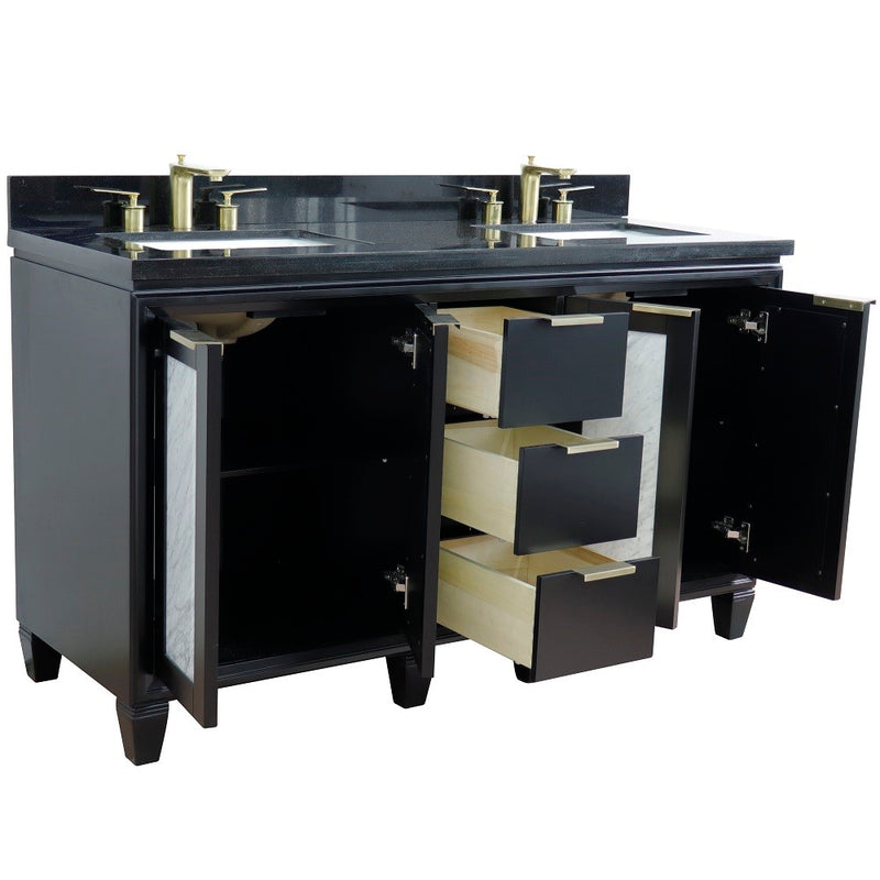 Bellaterra Home 400990-61D-BL-BGR Trento 61" vanity, Black, Black Galaxy granite top, angled view with doors open showing