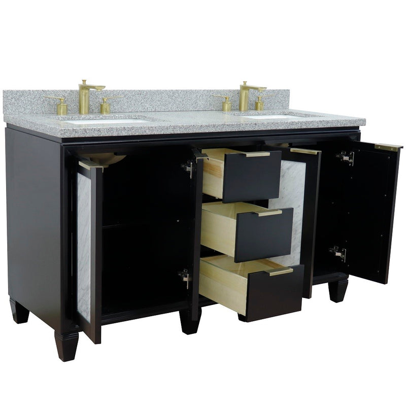 Bellaterra Home 400990-61D-BL-GYR Trento 61" vanity, Black, gray granite top, angled view with doors open showing the shelf