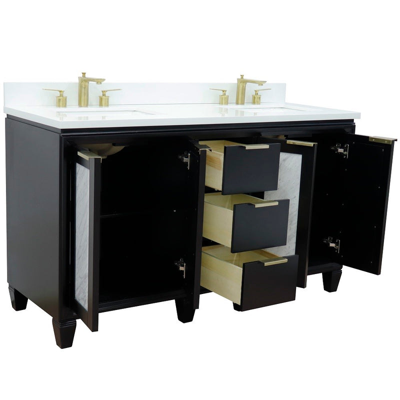 Bellaterra Home 400990-61D-BL-WER Trento 61" vanity, Black, white engineered stone top, angled view with doors open showing