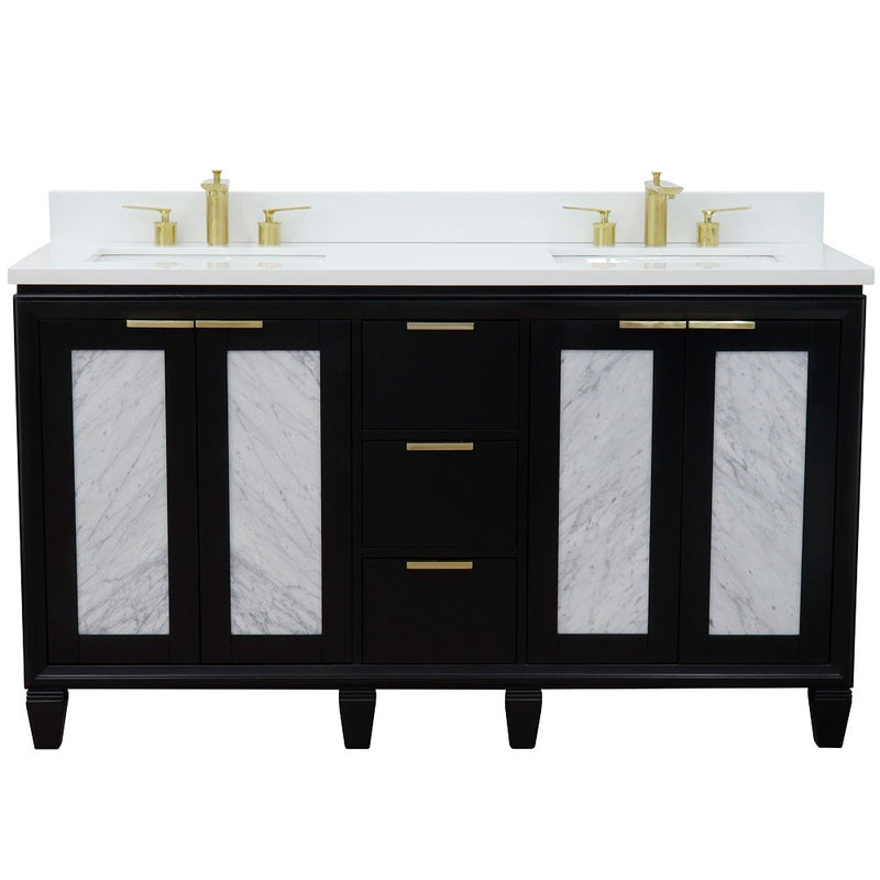 Bellaterra Home 400990-61D-BL-WER Trento 61" vanity, Black, white engineered stone top, front view on a white background
