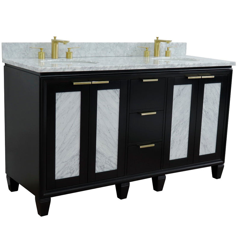 Bellaterra Home 400990-61D-BL-WMO Trento 61" vanity, Black, White Carrara marble top, angled view with doors closed