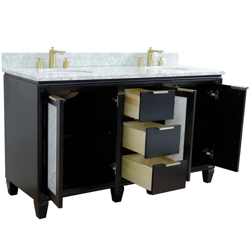 Bellaterra Home 400990-61D-BL-WMO Trento 61" vanity, Black, White Carrara marble top, angled view with doors open showing