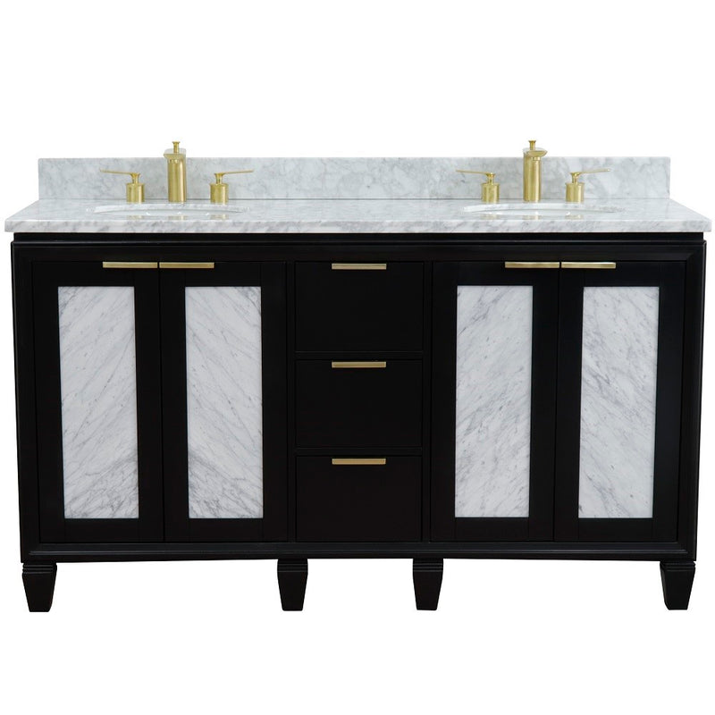 Bellaterra Home 400990-61D-BL-WMO Trento 61" vanity, Black, White Carrara marble top, front view on a white background