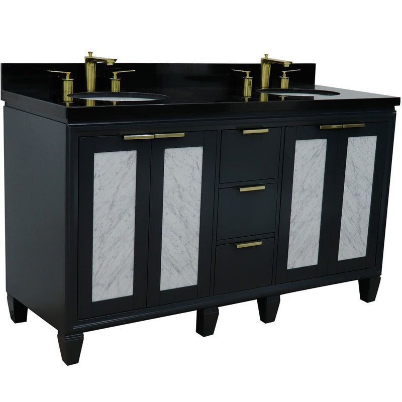 Bellaterra Home 400990-61D-DG-BGO Trento 61" vanity, Dark Gray, Black Galaxy granite top, angled view with doors closed