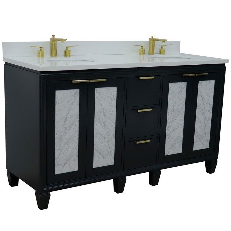 Bellaterra Home 400990-61D-DG-WEO Trento 61" vanity, Dark Gray, white engineered stone top, angled view with doors closed