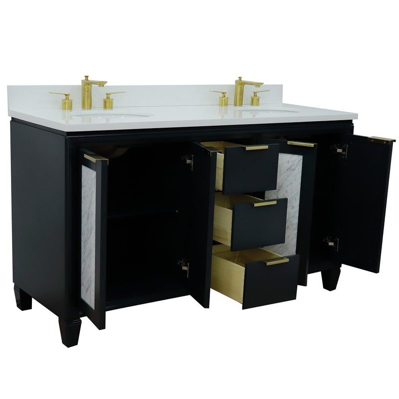Bellaterra Home 400990-61D-DG-WEO Trento 61" vanity, Dark Gray, white engineered stone top, angled view with doors open