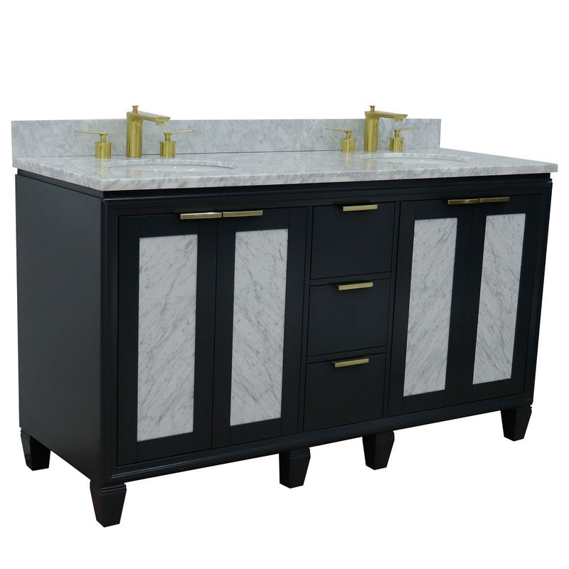 Bellaterra Home 400990-61D-DG-WMO Trento 61" vanity, Dark Gray, White Carrara marble top, angled view with doors closed